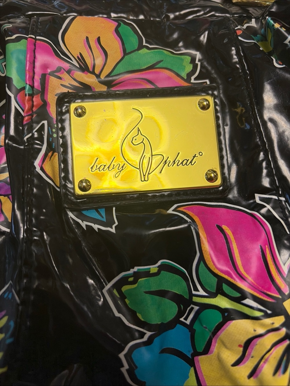 Baby Phat Black Floral Tote with Gold Logo Plate and Multicolor Flowers